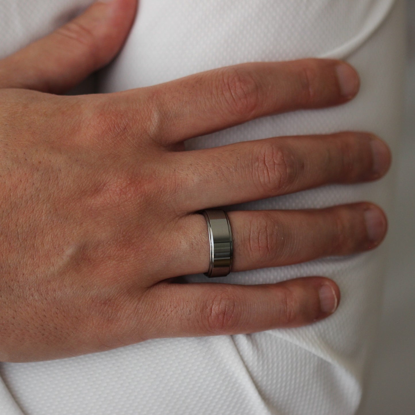 polished silver mens ring with stepped edges 8mm width