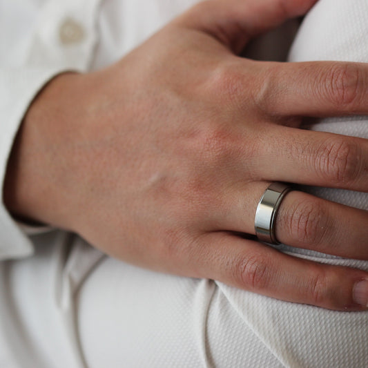 polished silver mens ring with stepped edges