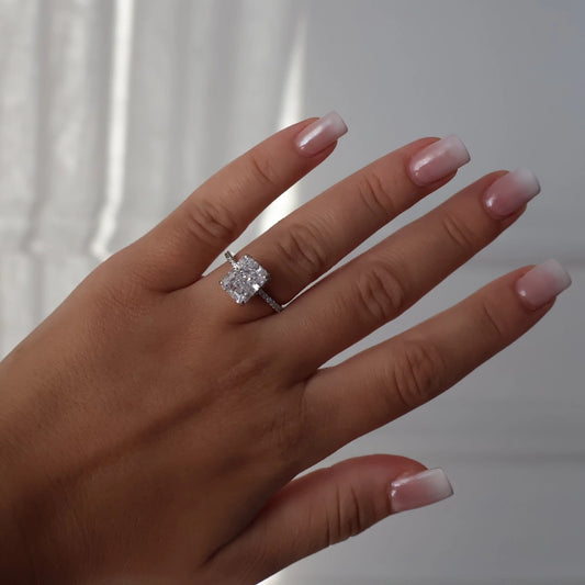 3.5 carat radiant cut CZ ring with pavé band