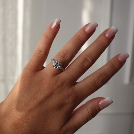 2 carat round cut CZ silver engagement ring with pave band