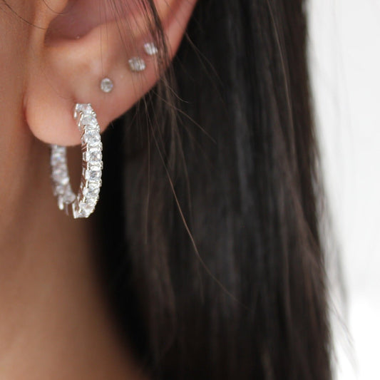 round cut cubic zirconia silver hoop earrings