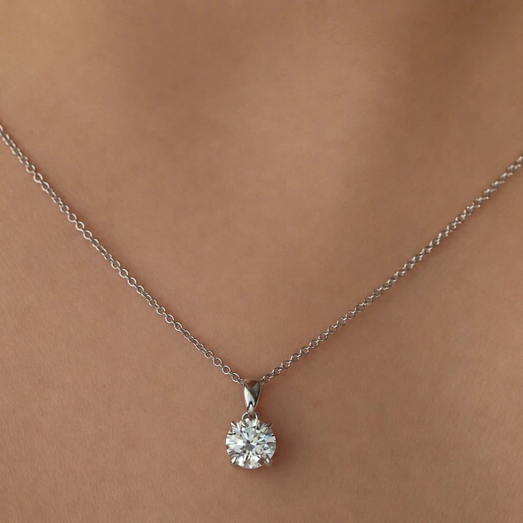 Round lab grown diamond necklace modelled on neck