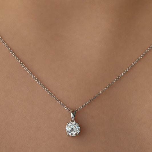 Round lab grown diamond necklace modelled on neck