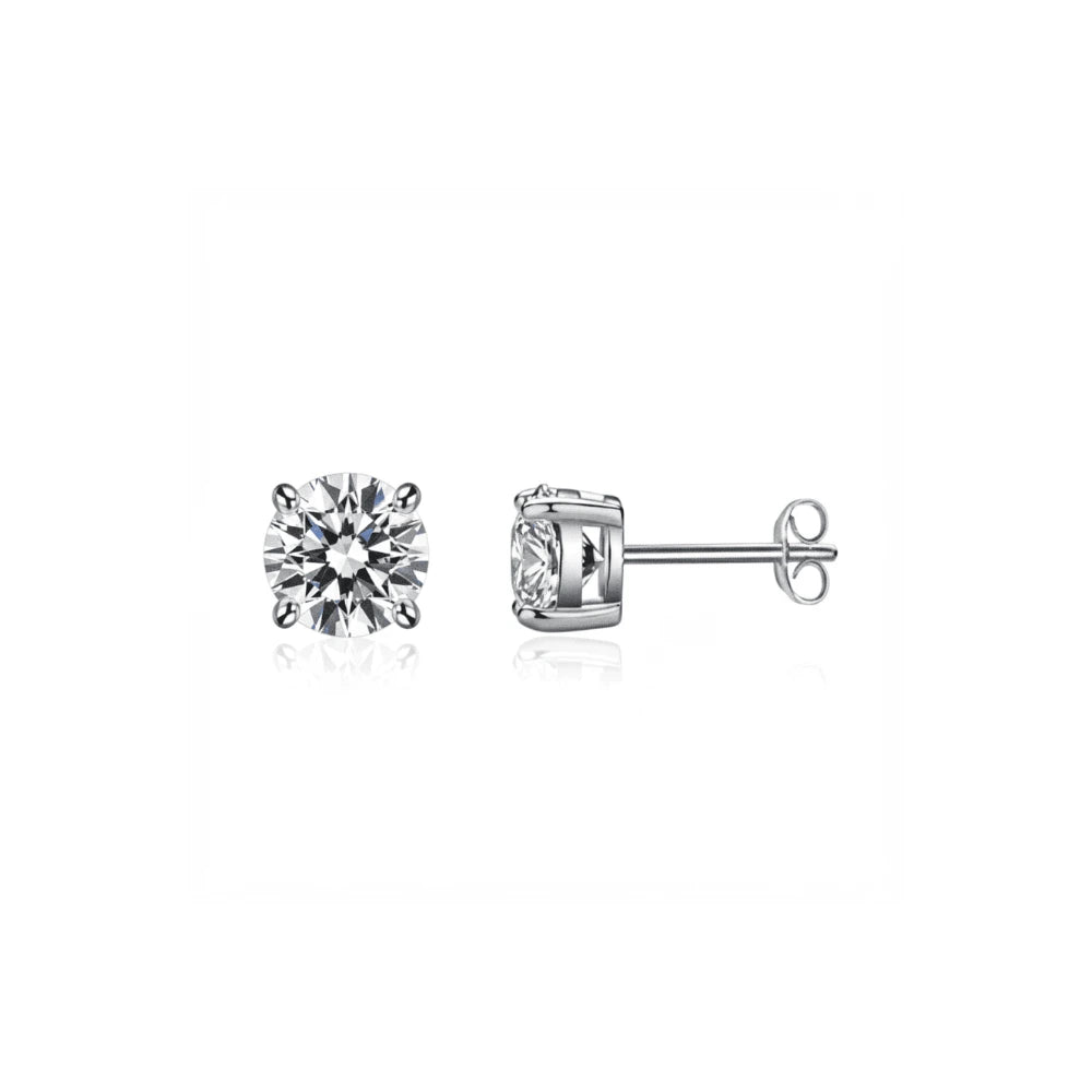 Pair of 0.6 ctw round moissanite stud earrings on a white background