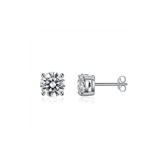 Pair of 0.6 ctw round moissanite stud earrings on a white background