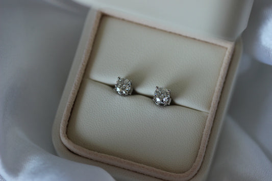 1tcw moissanite earrings in a jewellery box on a white background