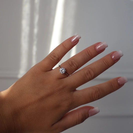 1.3 carat round solitaire ring with thin band in silver