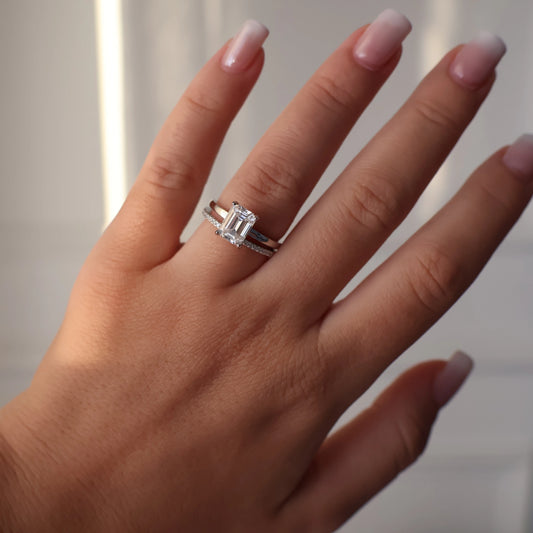 Silver 2 carat emerald cut moissanite engagement ring