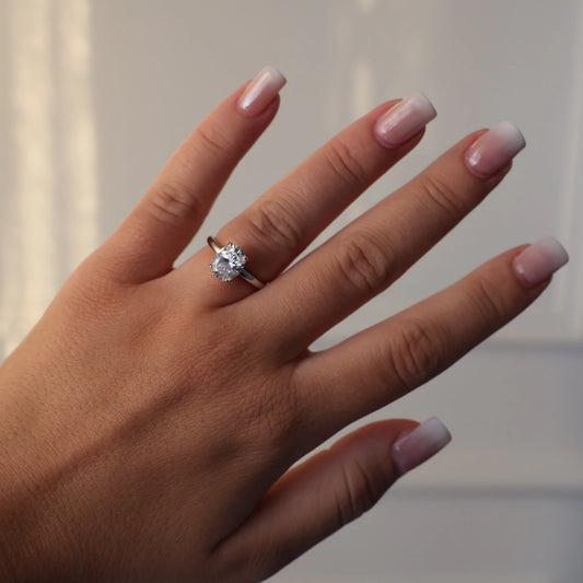 Oval 2 carat solitaire ring with a simple silver band