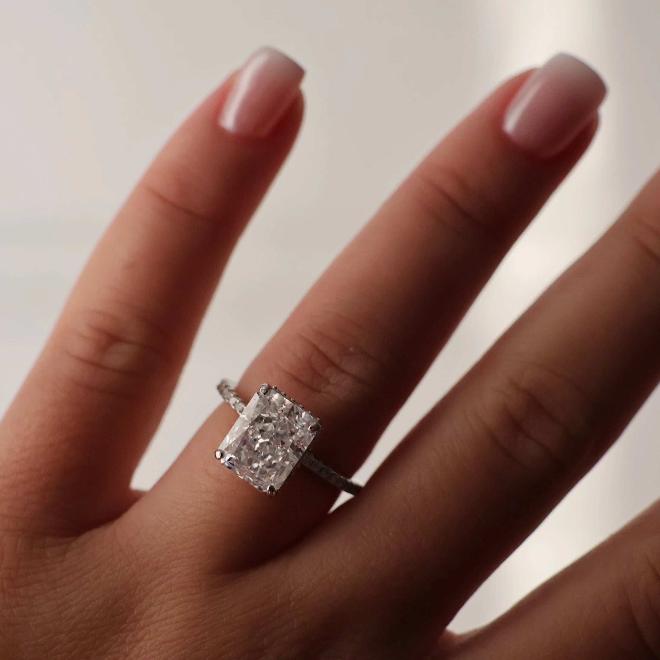 3.5 carat radiant cut cubic zirconia ring pavé band in silver