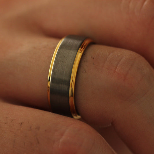 Close up of Silver and Gold Men’s Ring 8mm with stepped edge