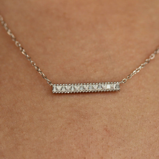silver bar necklace on model