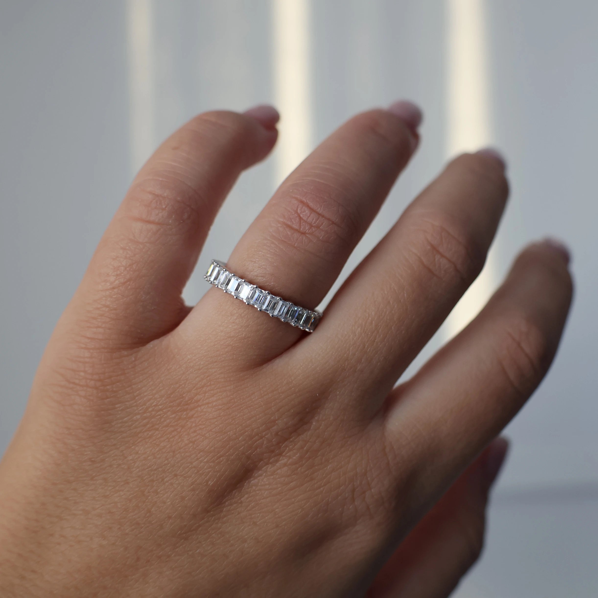 Silver 3mm emerald cut eternity ring