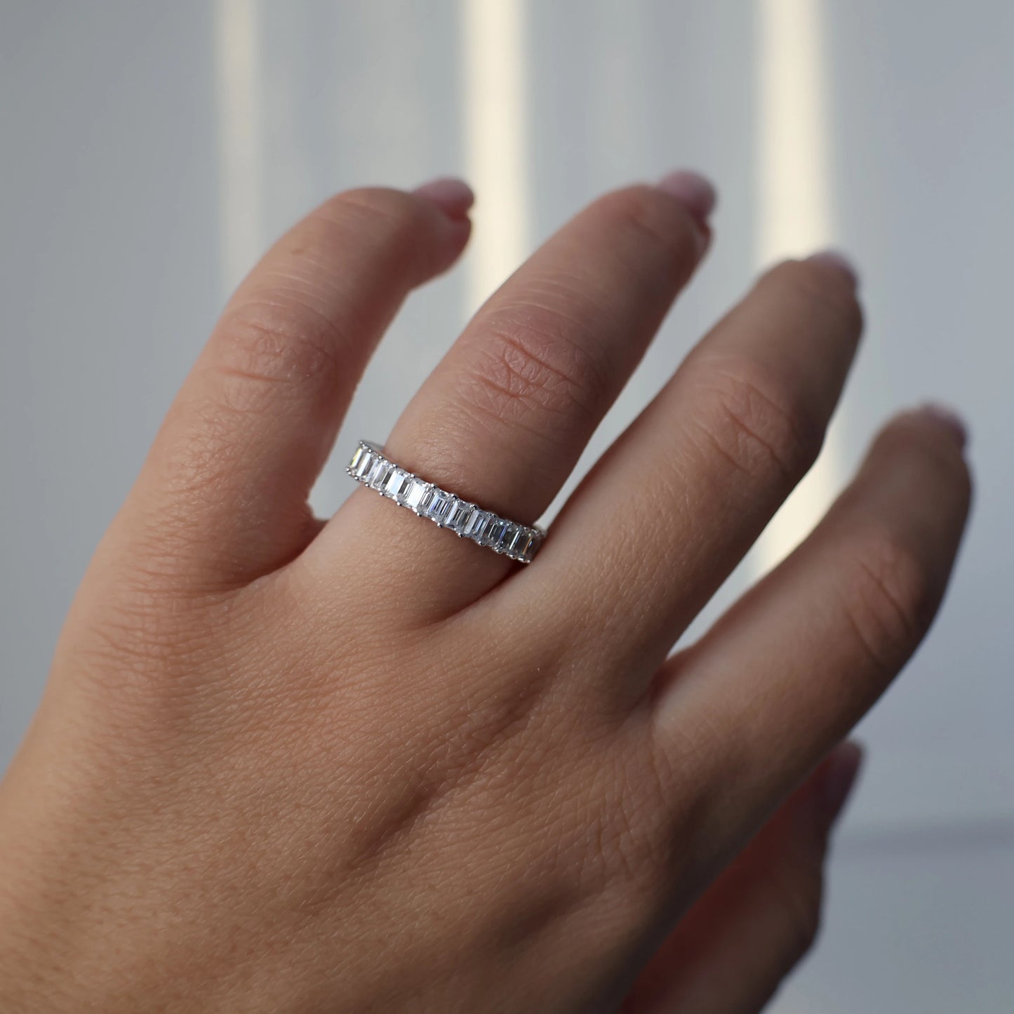 Silver 3mm emerald cut eternity ring