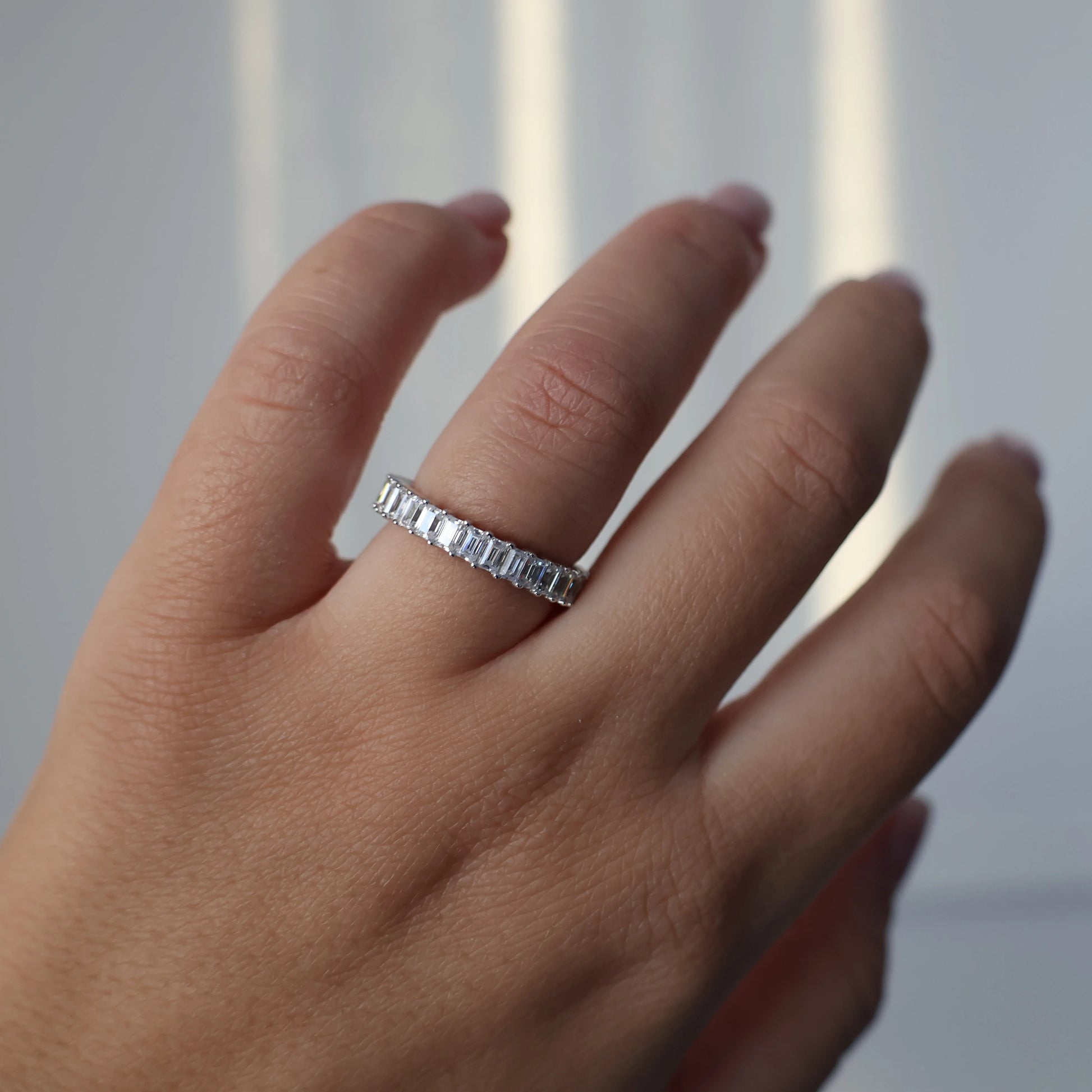 Silver 3mm emerald cut eternity ring