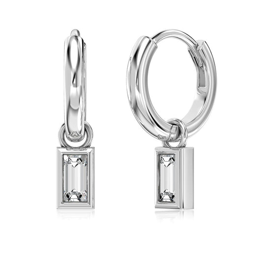 silver hoop earrings with emerald charm