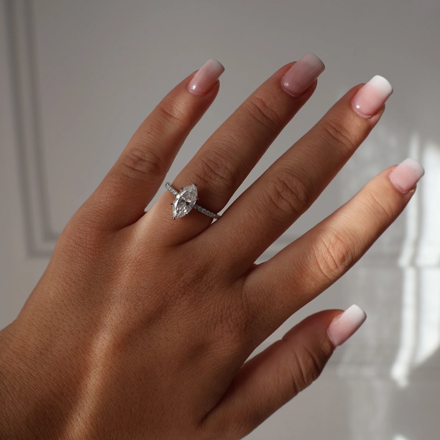 Silver 2 carat marquise cut pavé moissanite ring