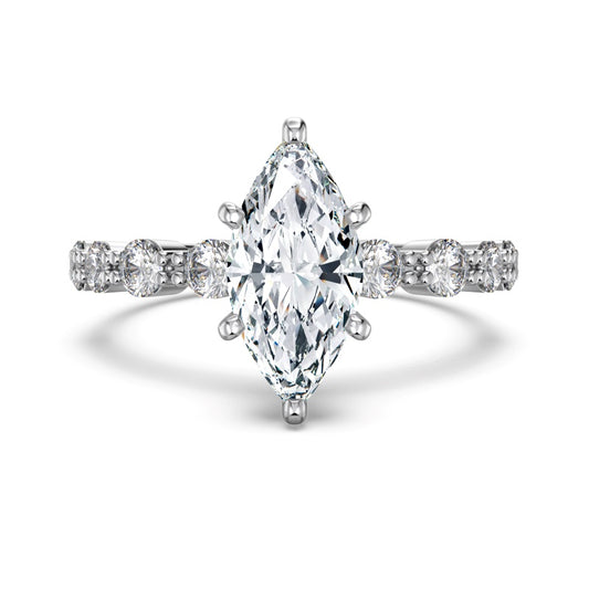 silver marquise ring with floating band on white background
