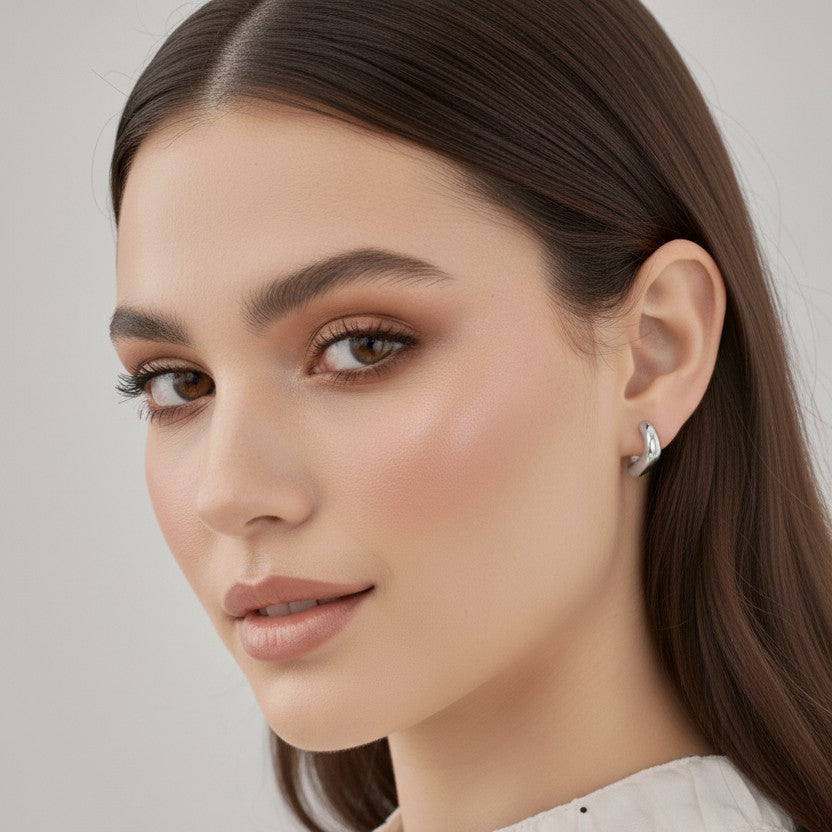 925 silver trapeze huggies on model