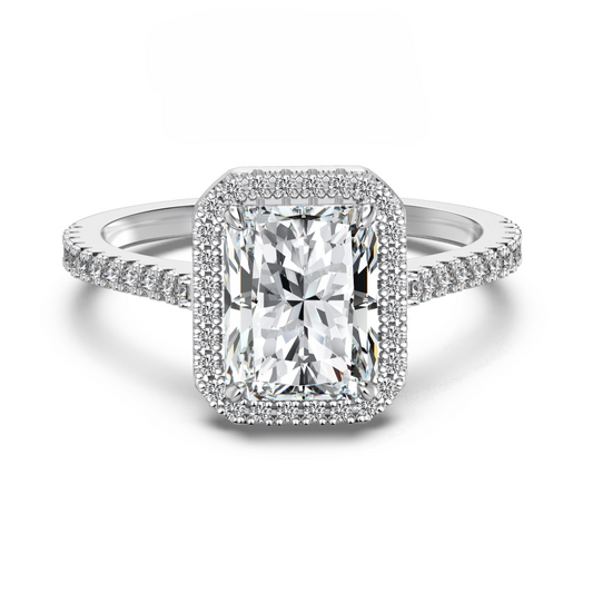 3 carat Sofia Radiant Cut Moissanite Halo Ring displayed on a white background