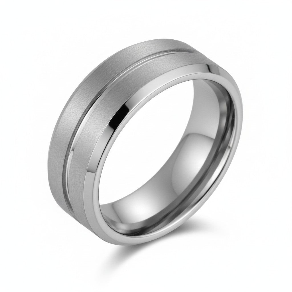 tungsten silver mens ring with grooved centre