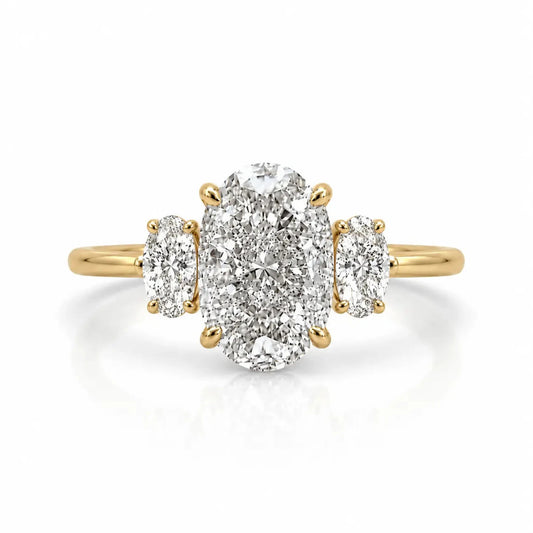 three stone oval trilogy ring in 14k gold plating