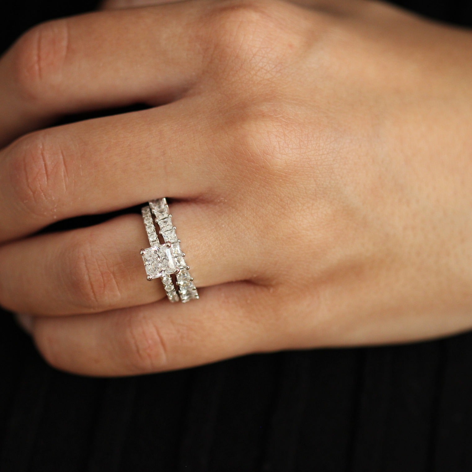1.5ct princess cut ring with cubic zirconia eternity band on hand