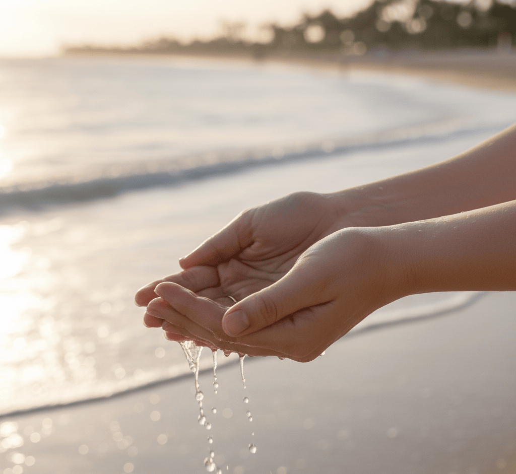 Hands wearing ring and holding water over a reflective surface with a blurred natural background