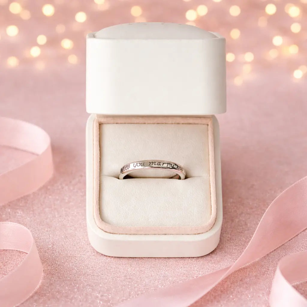 white velvet ring box displaying will you marry me proposal ring